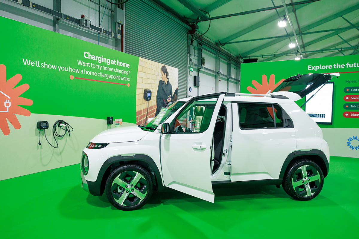 A white electric car parked in front of a green wall promoting home charging points